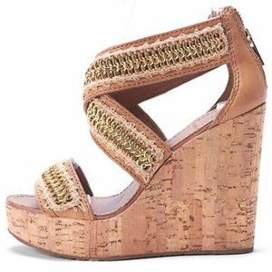 Tory Burch Tan Leather Cork Wedge Sandals Gold Chain Embellished Size 6M
